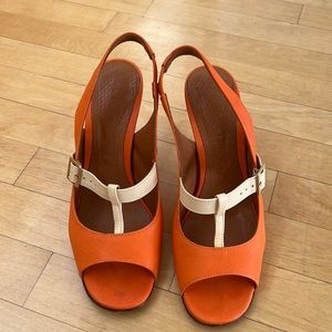 Orange Chie Mihara high heel sandals. Includes dust bag & replacement red heels
